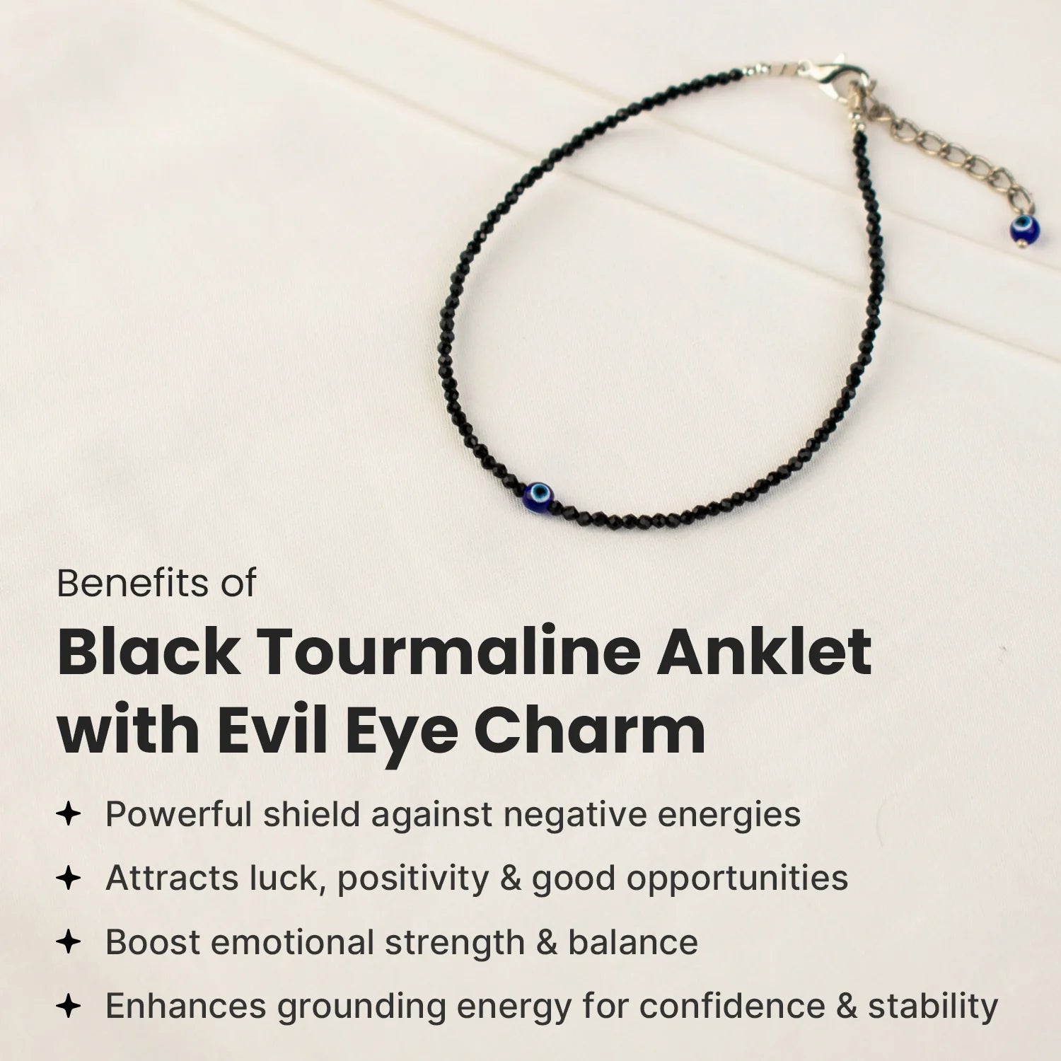 Black Tourmaline Anklet with Evil Eye Charm