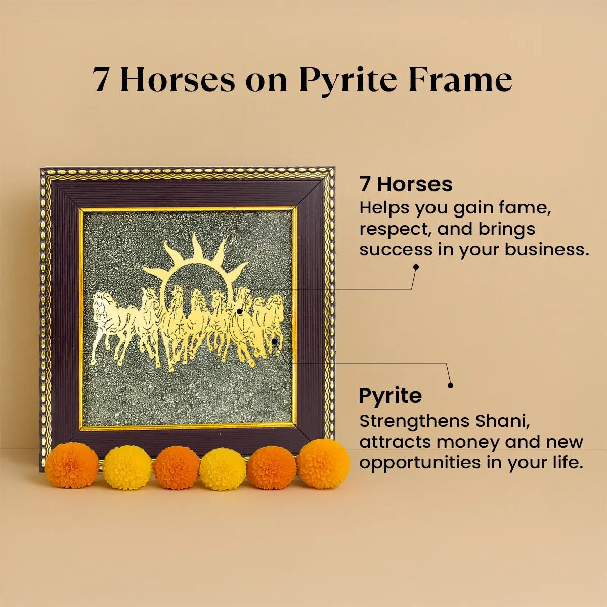 7 Horses Raw Pyrite Frame with Vyapar Vriddhi Frame Combo