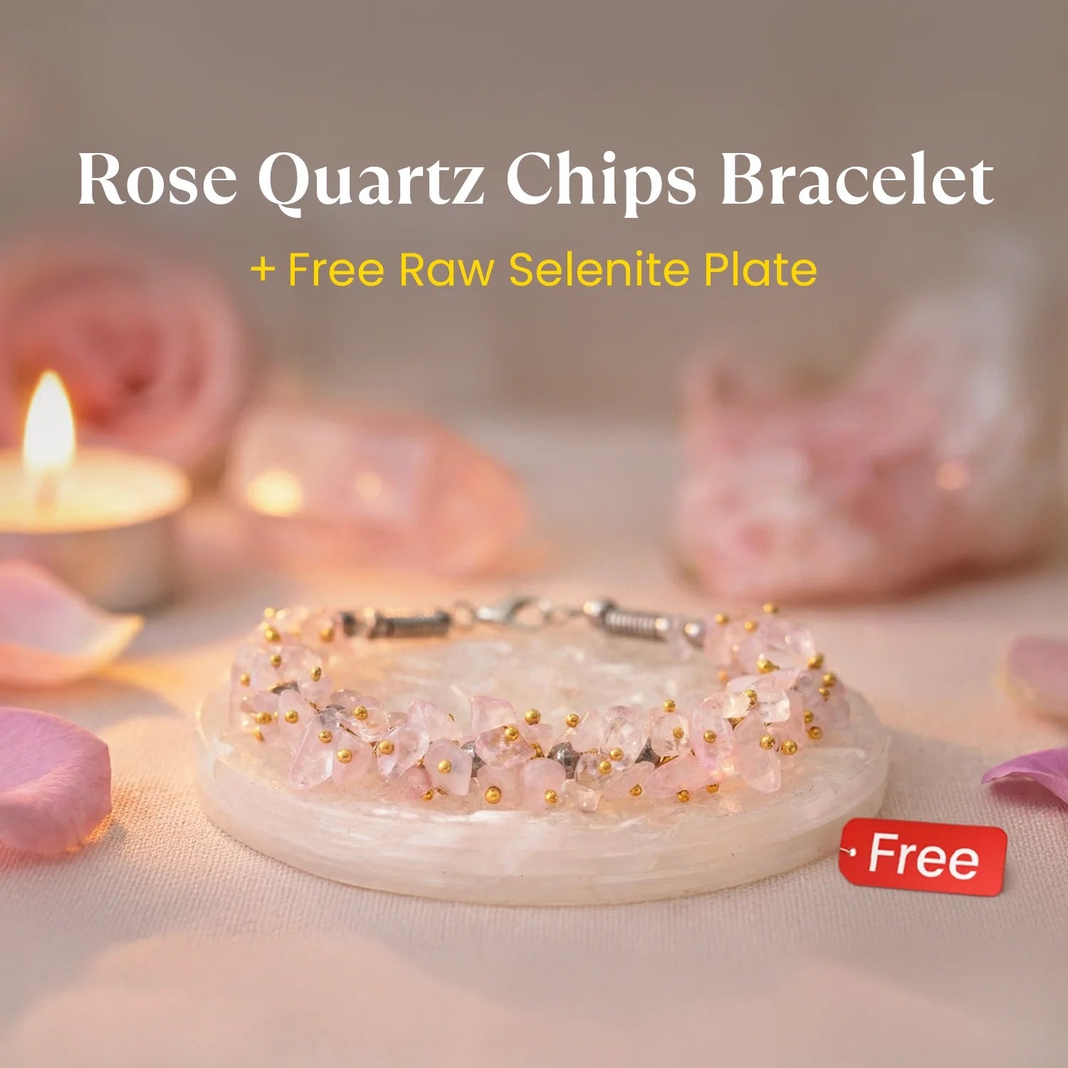 Rose Quartz Chips Bracelet with FREE Raw Selenite Plate